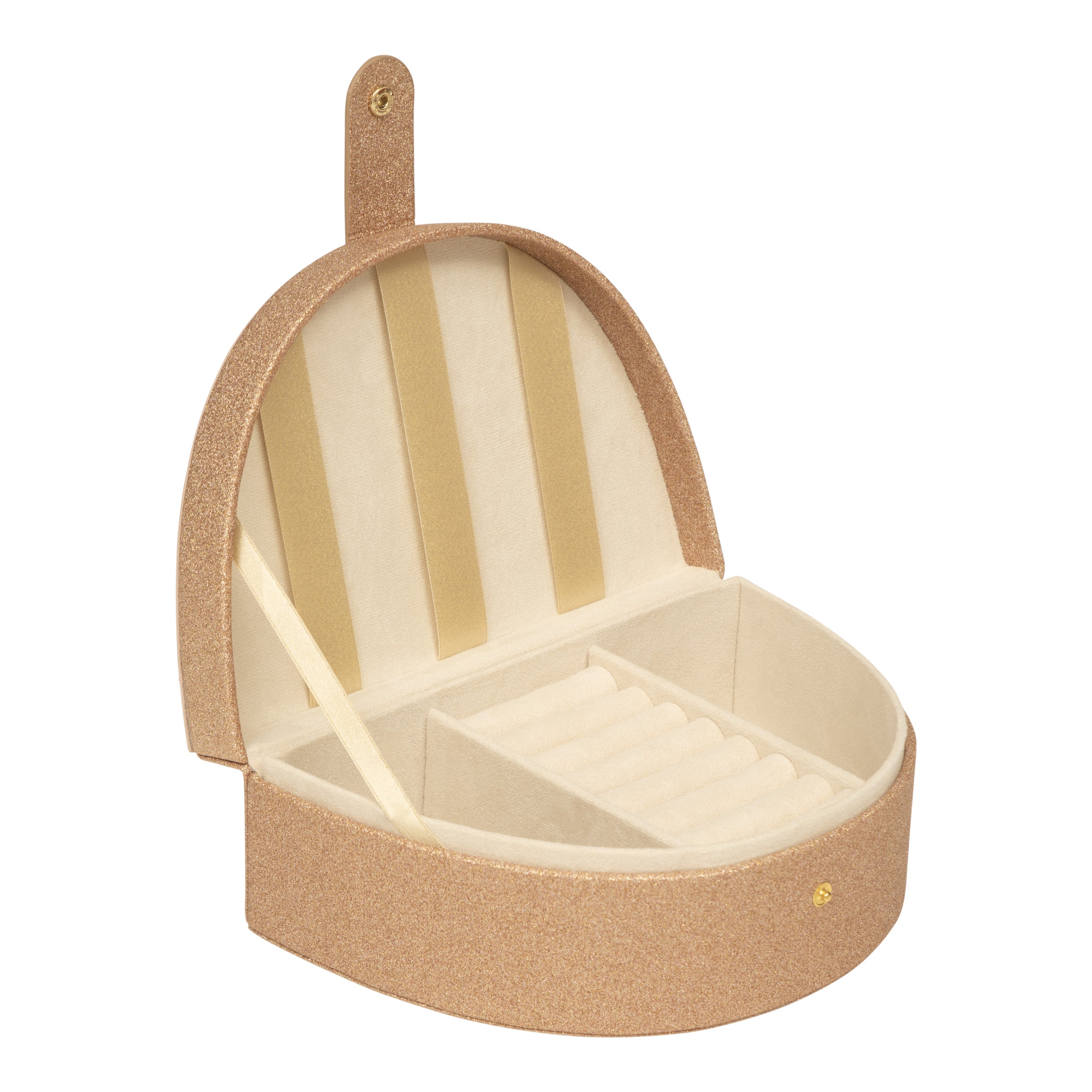 pink gold rainbow jewelry box with compartments on a white background