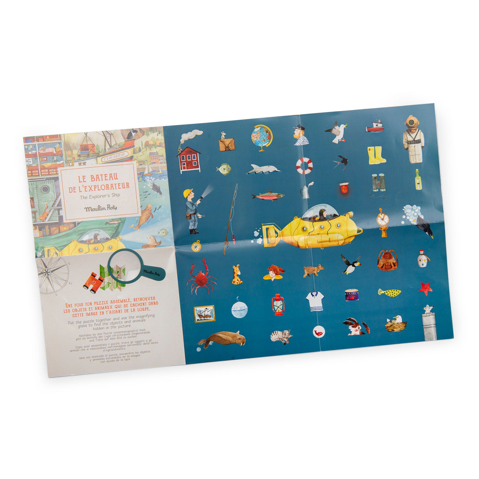 Children's educational chart with illustrations of a submarine and various items on a blue background