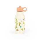 Water bottle with floral design and pink cap on a white background