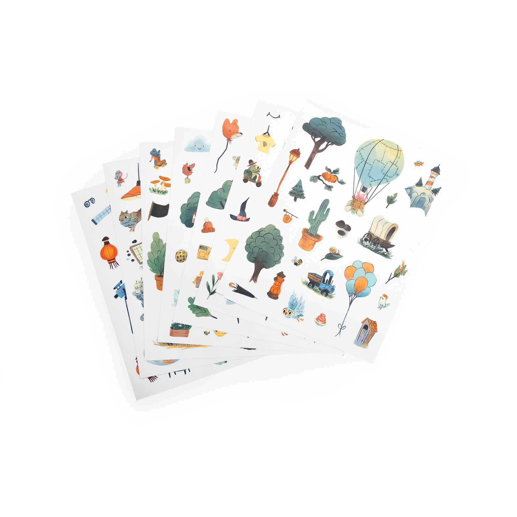 Two sheets of colorful illustrated stickers on a white background