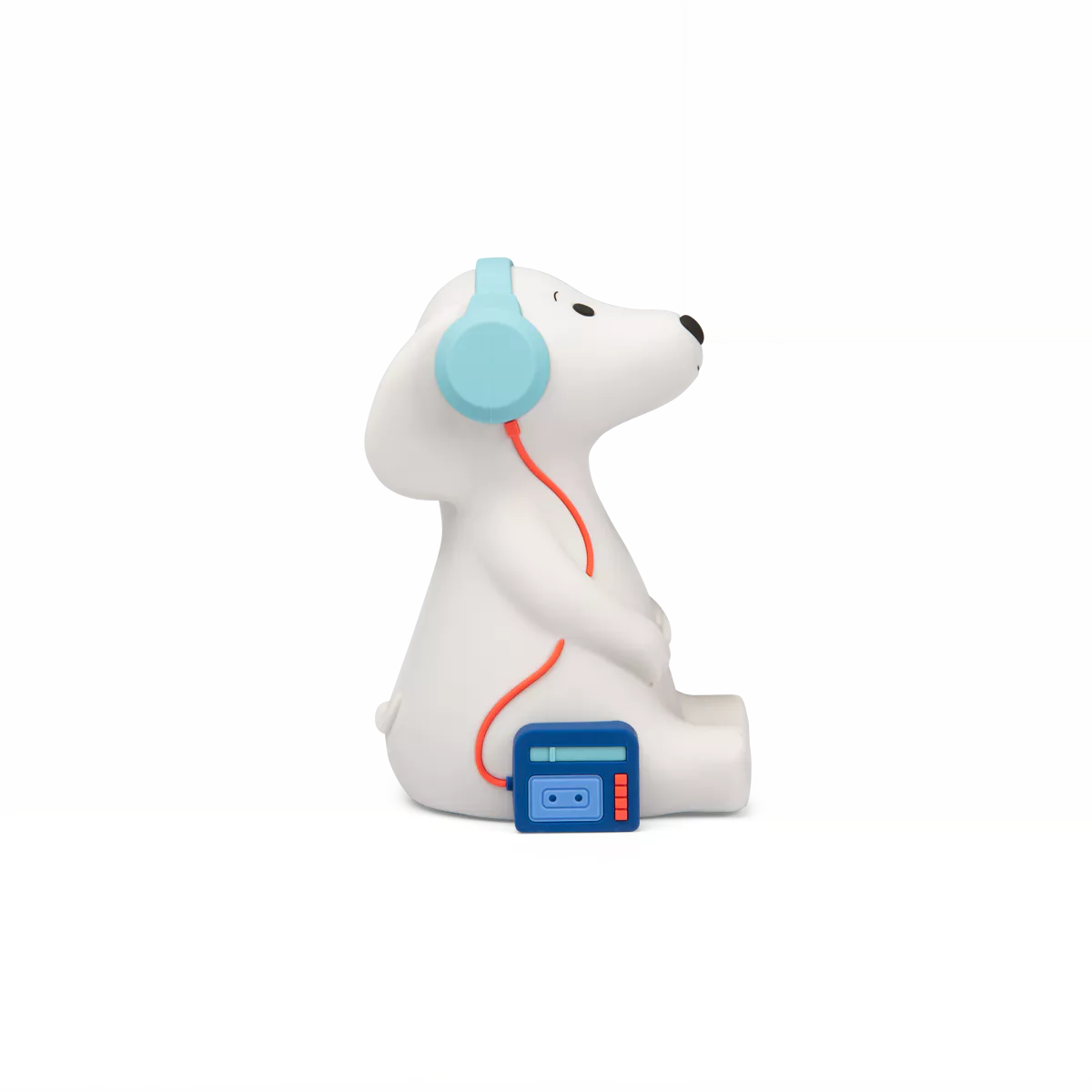 Moulin roty White dog-shaped childrens nightlight with blue headphones and a cassette tape on a white background