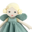 Fairy doll with blonde hair, blue eyes, and a green dress on a white background