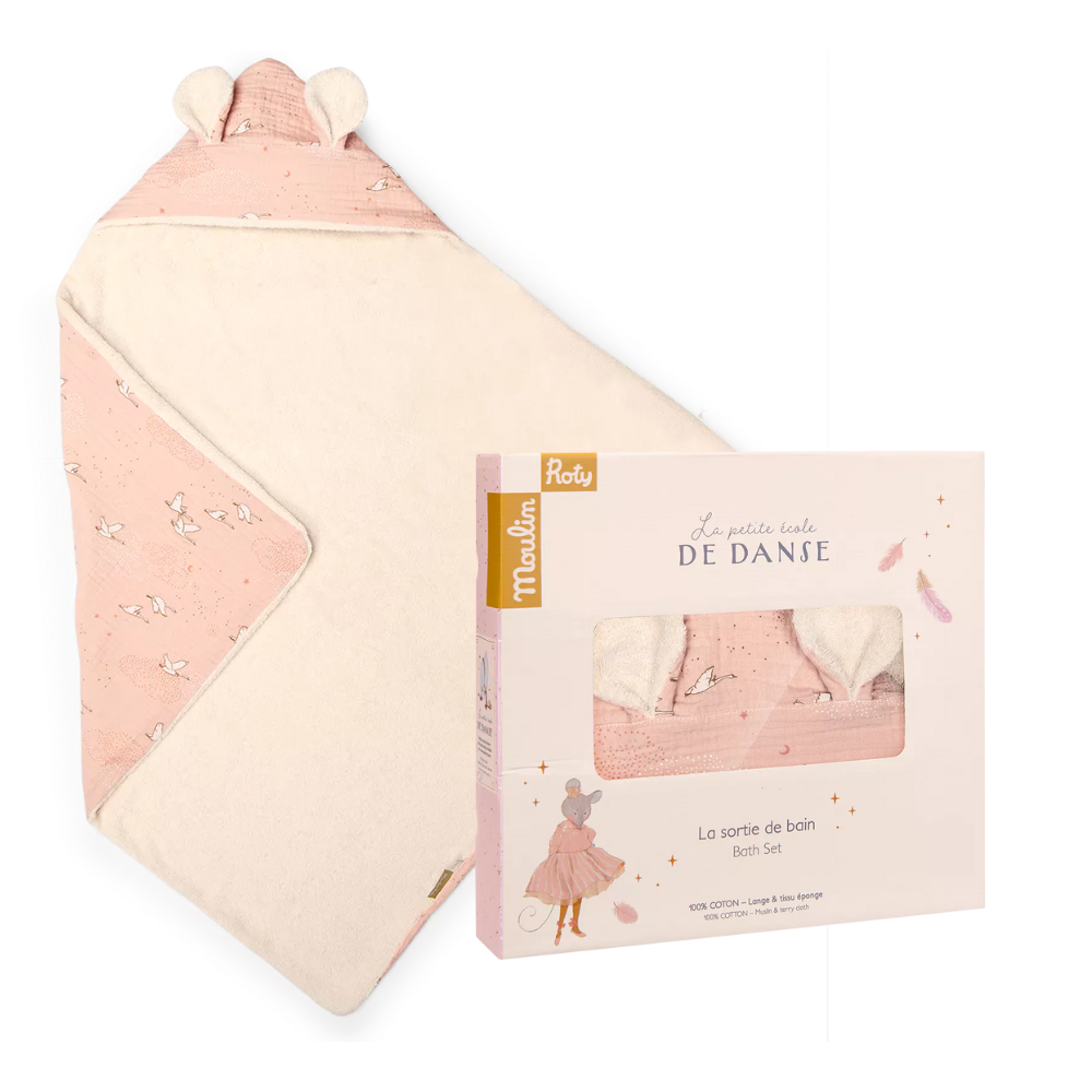 Moulin Roty Hooded Baby bath towel swan print