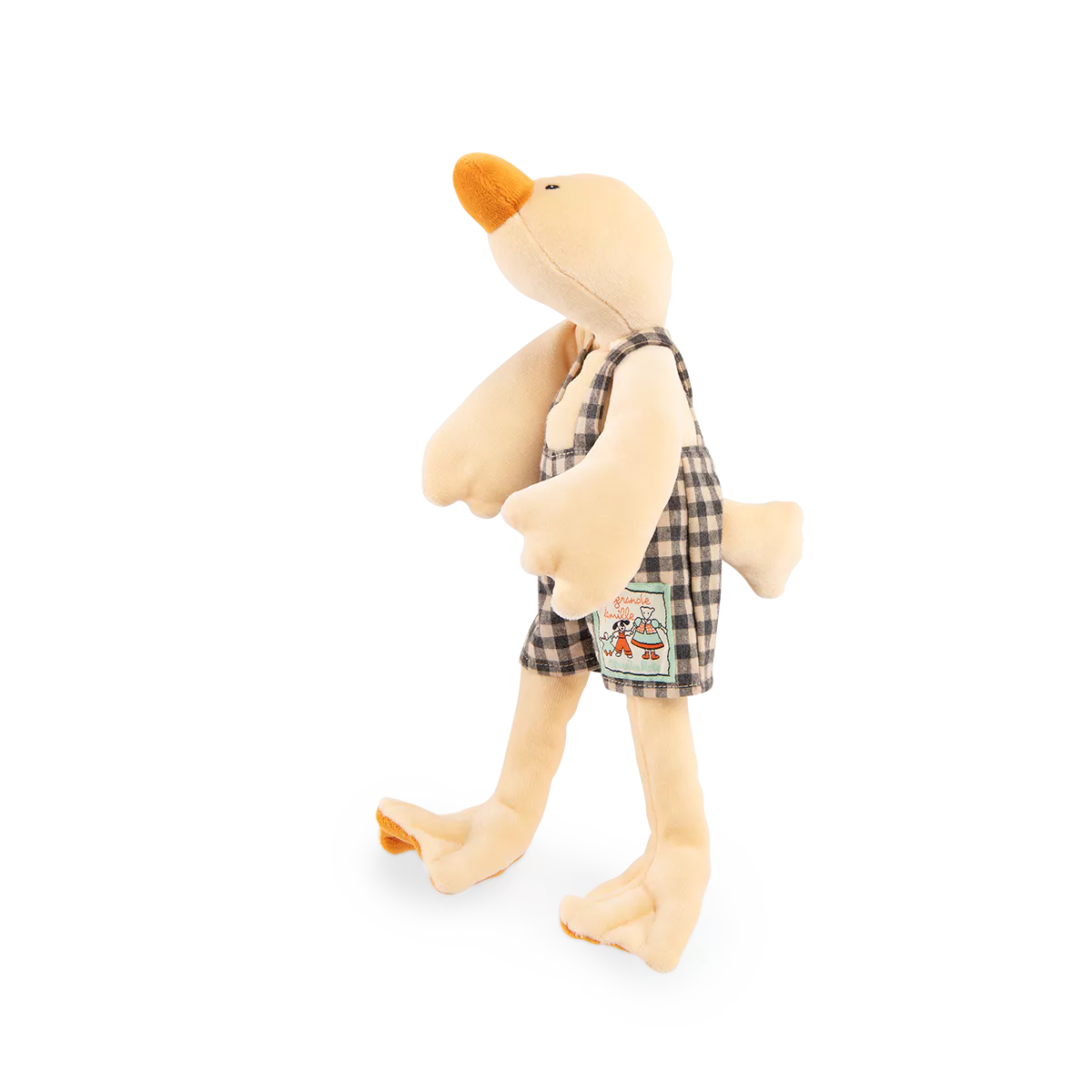 Plush toy duck wearing a plaid outfit on a white background