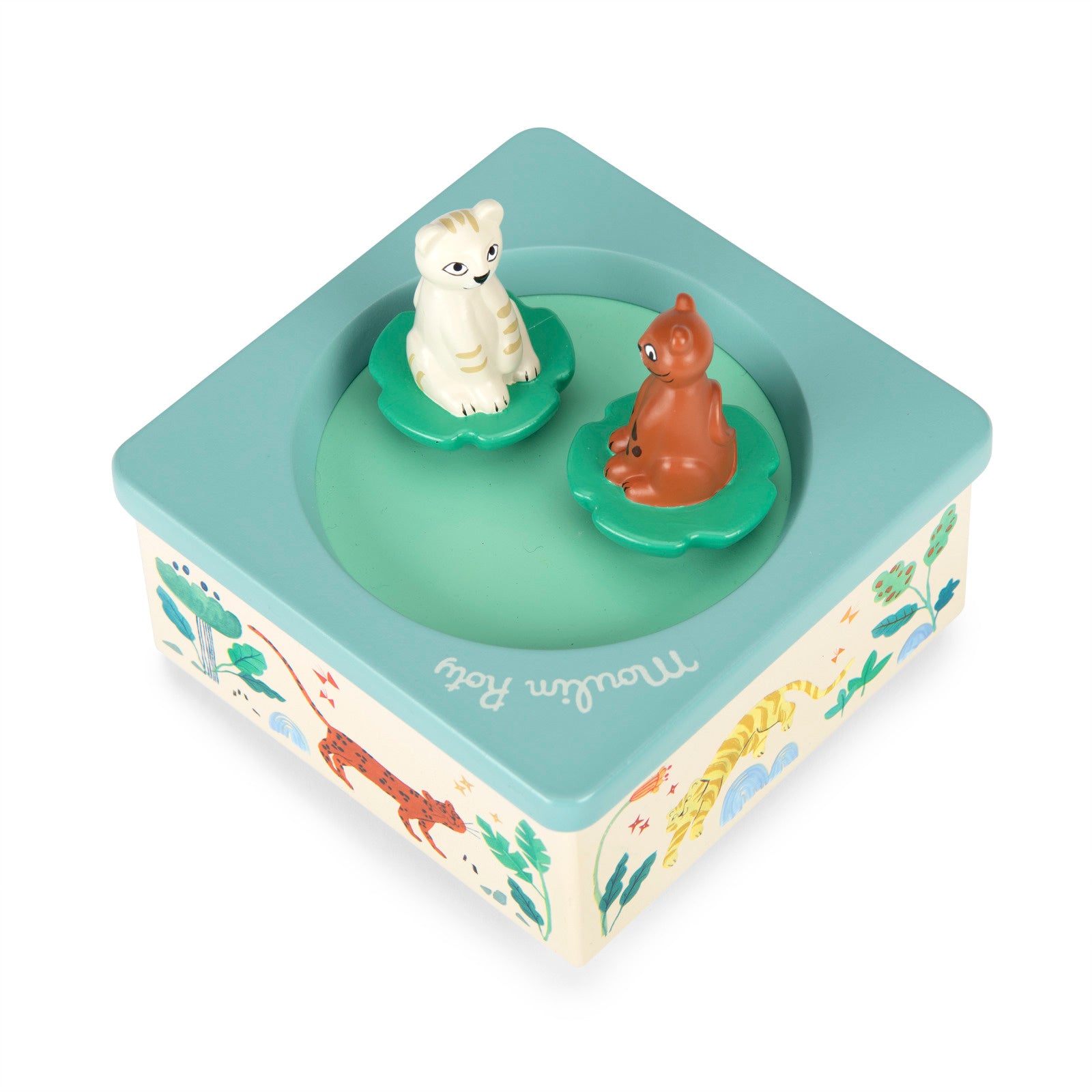 Toy box with two animal figurines on a white background