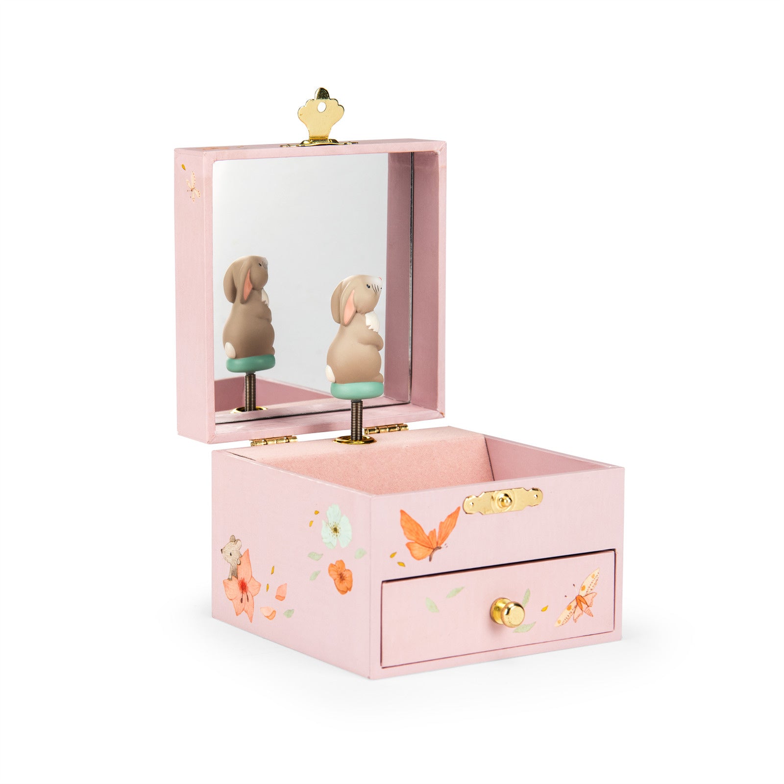 Pink jewelry box with a mirror and teddy bear design on a white background