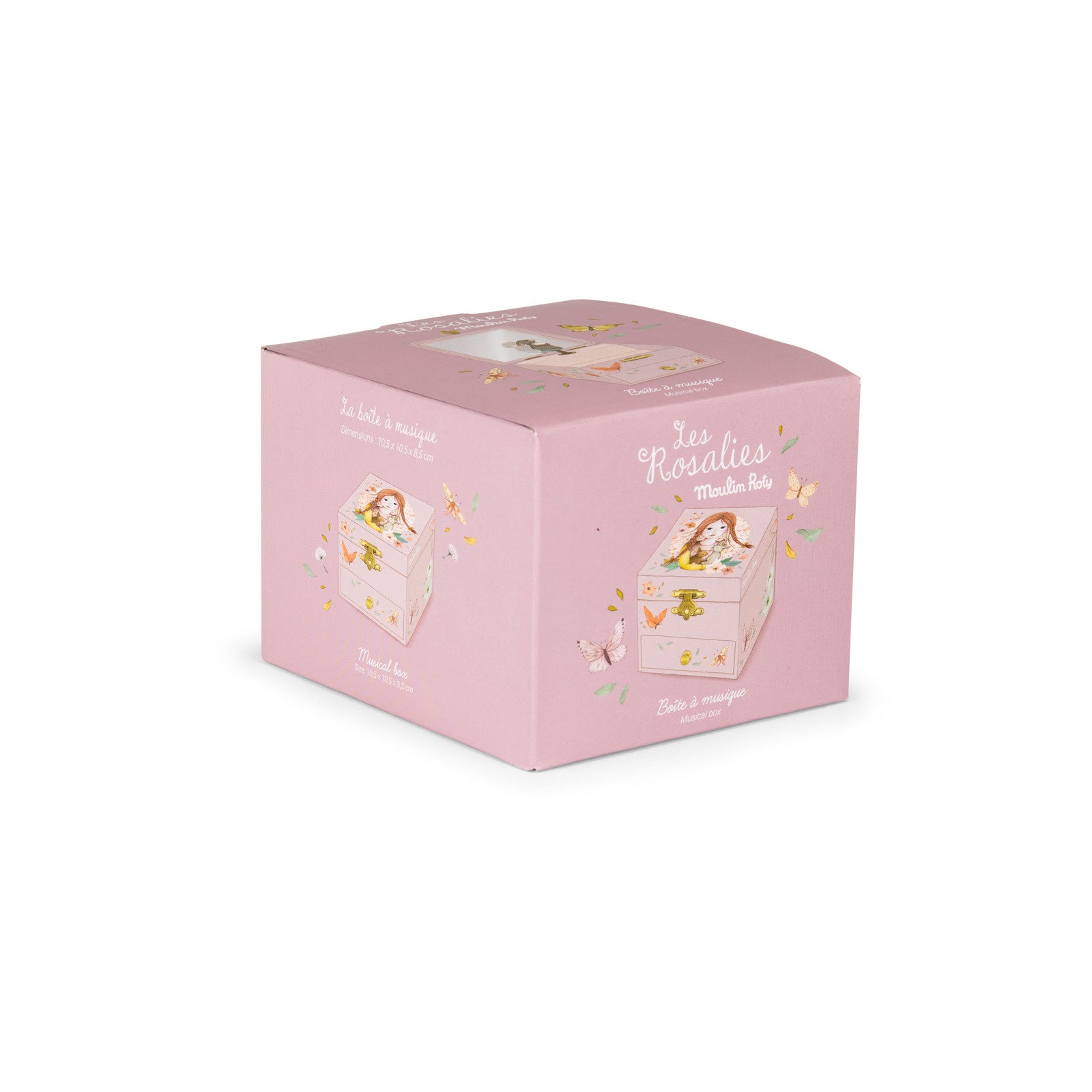 Pink packaging box with illustrations and text on a white background