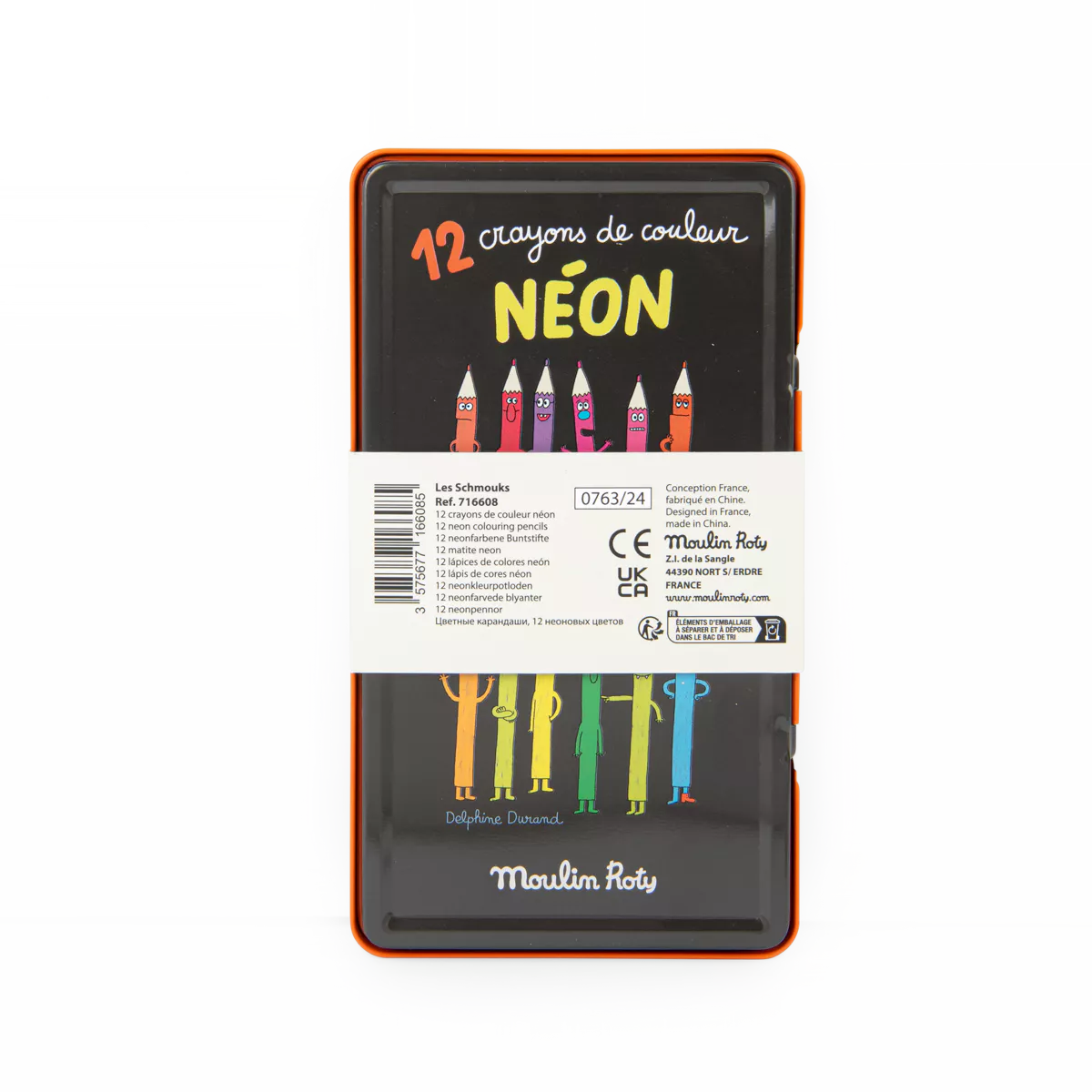 Pack of Moulin Roty neon crayons with branding and product details on a white background