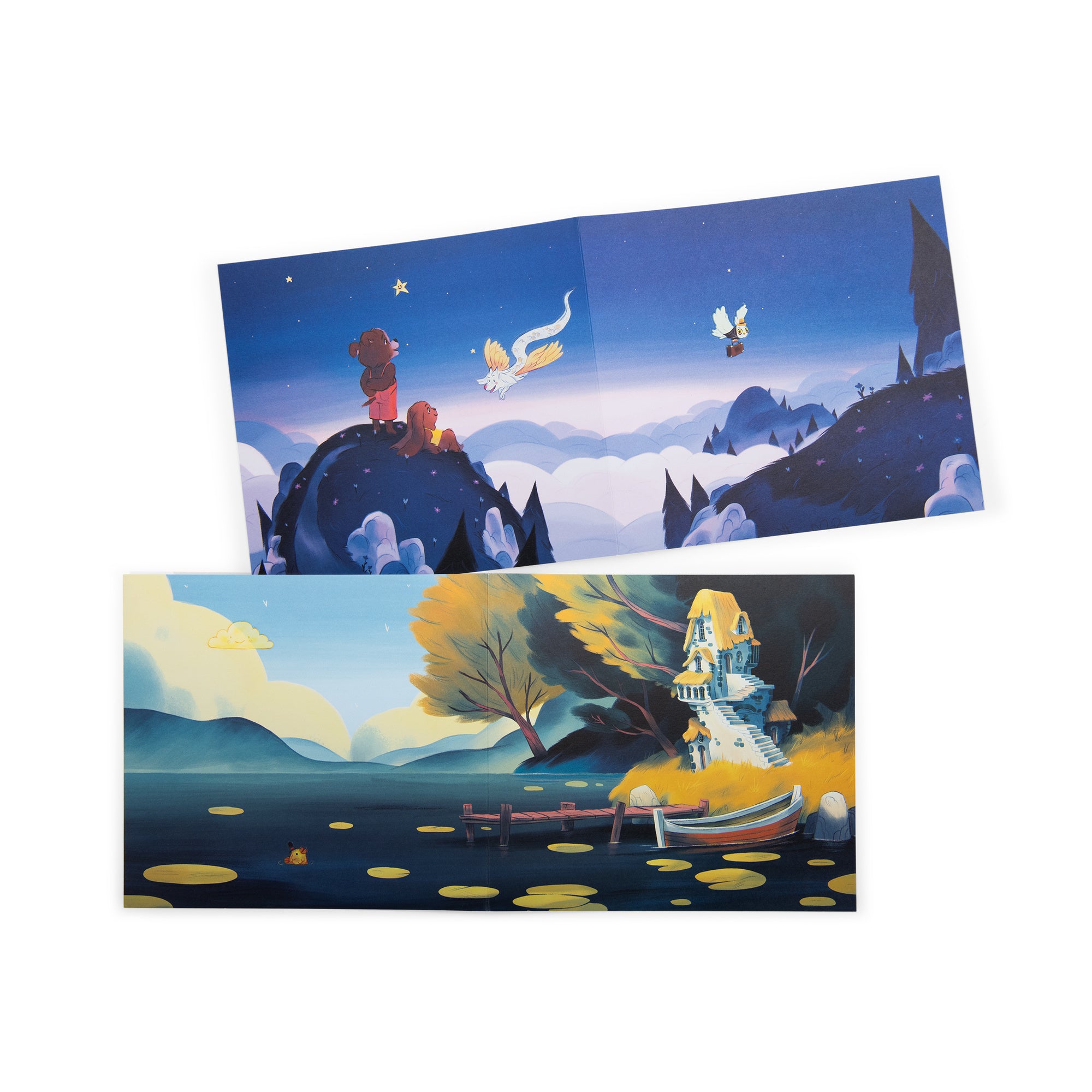 Two illustrated scenes: one with characters on a mountain and another by a lake with a boat.