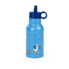 Blue water bottle with a design on a white background