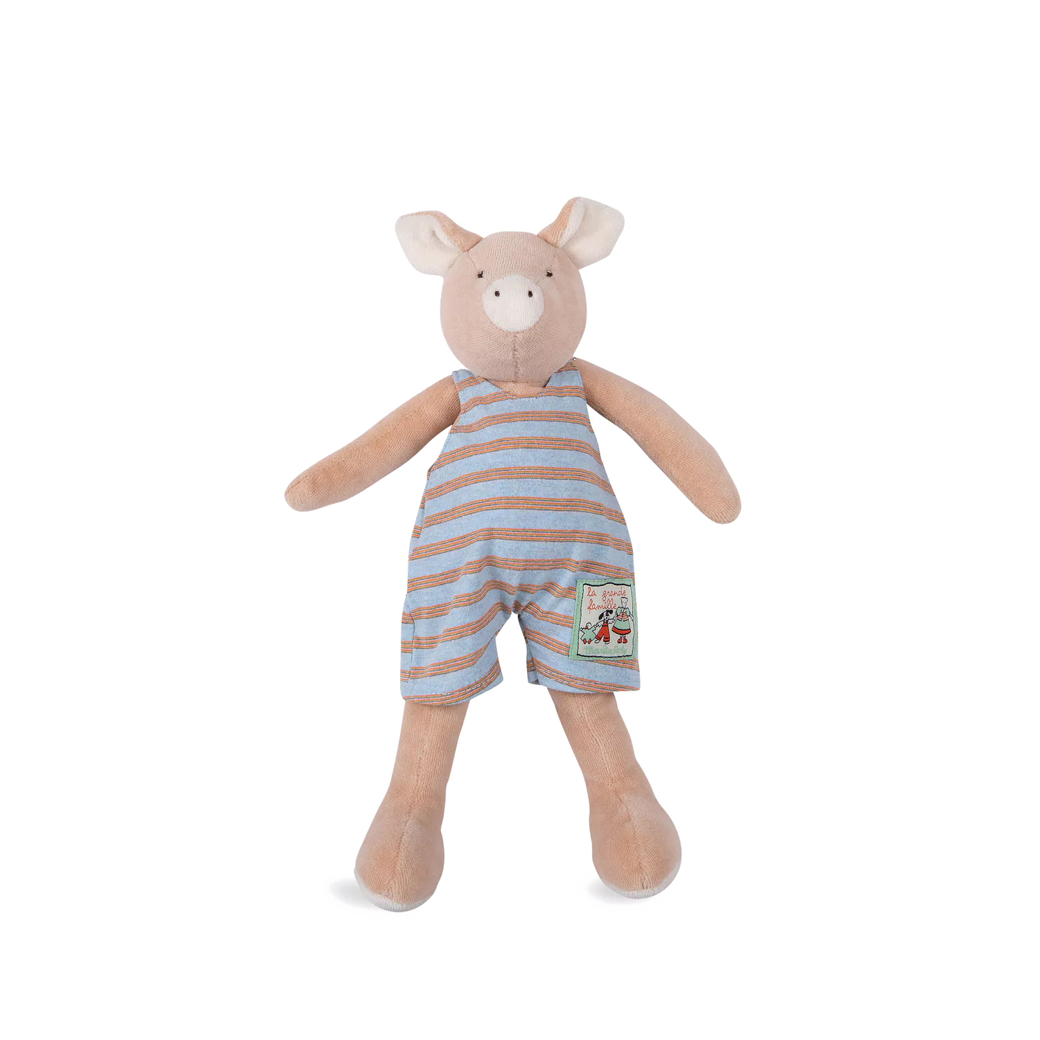 Stuffed toy pig in striped overalls on a white background
