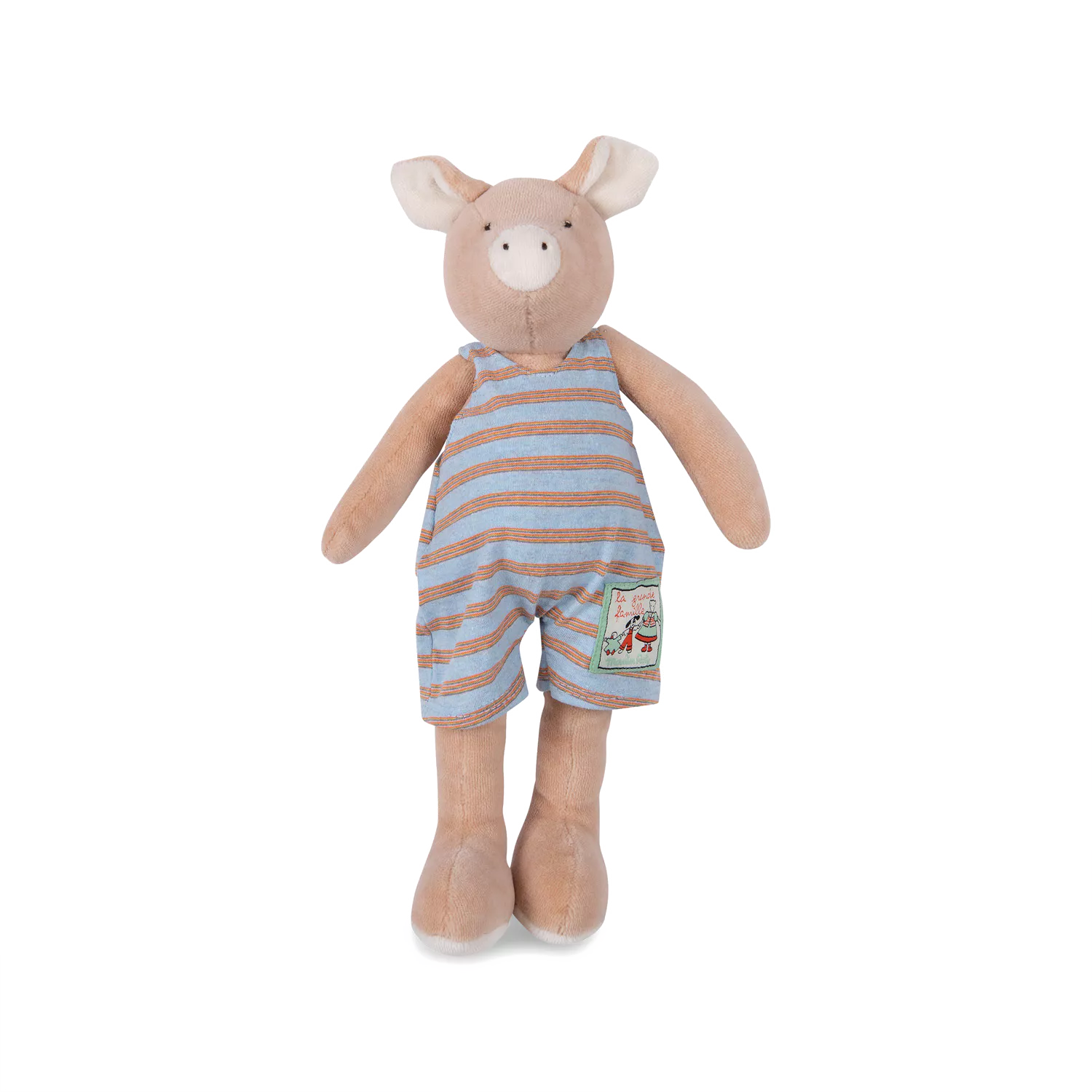 Stuffed toy pig in striped overalls on a white background