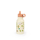 Water bottle with floral design and pink cap on a white background