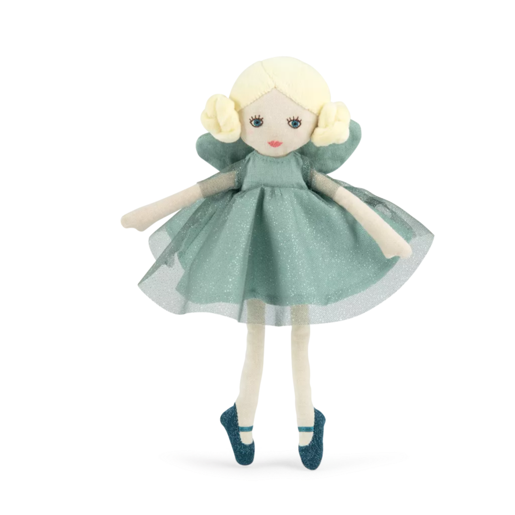 Toy doll with a green dress and white hair on a white background