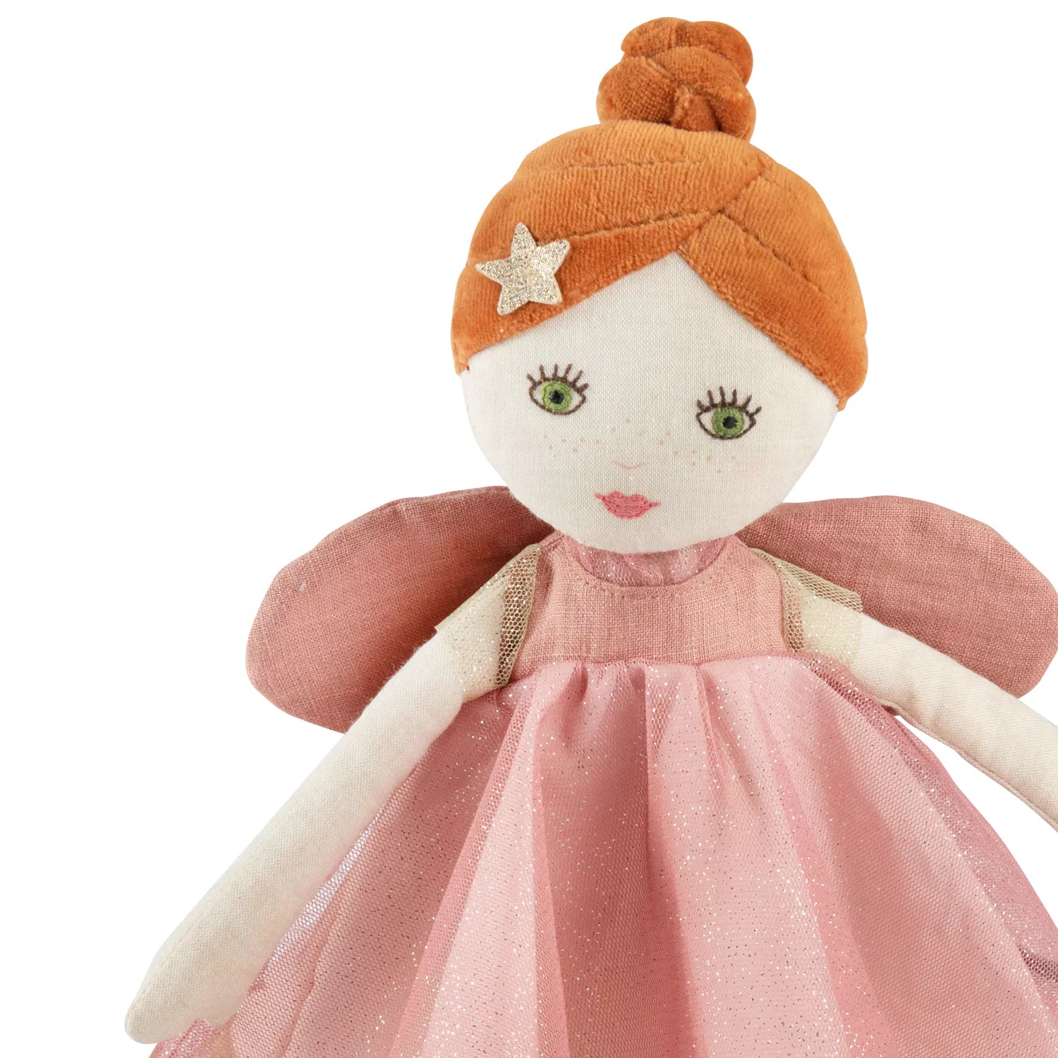 Toy fairy with orange hair and pink dress on a white background