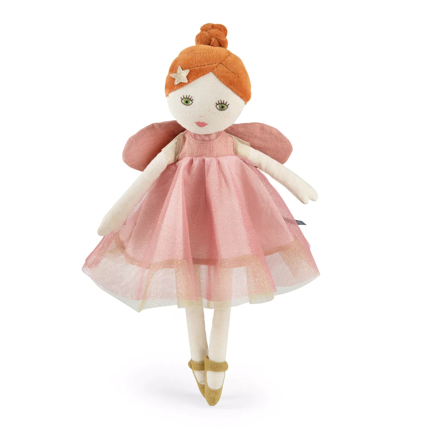 fairy Doll with red hair, pink dress, and white face on a white background