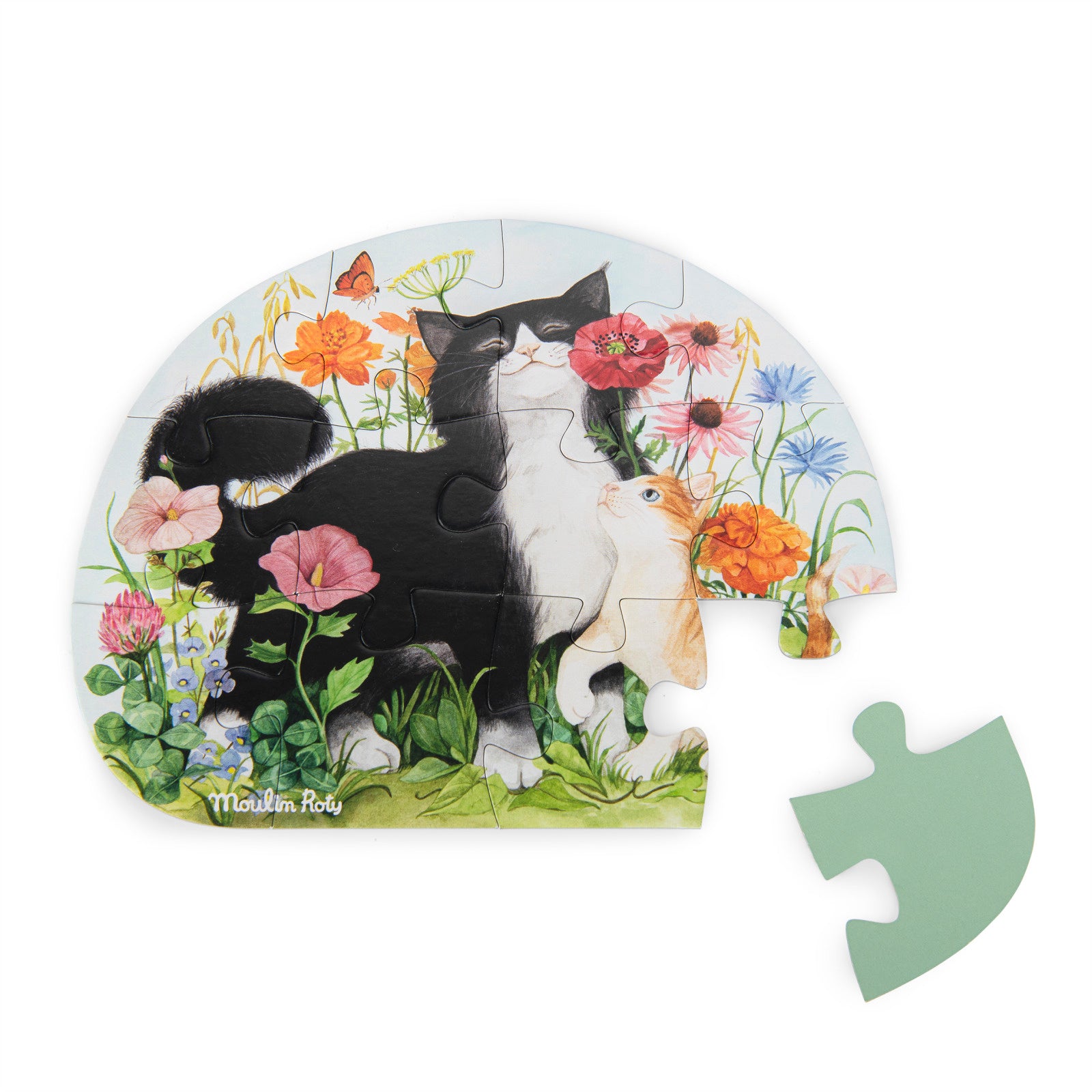 Round jigsaw puzzle with cats and flowers on a white background
