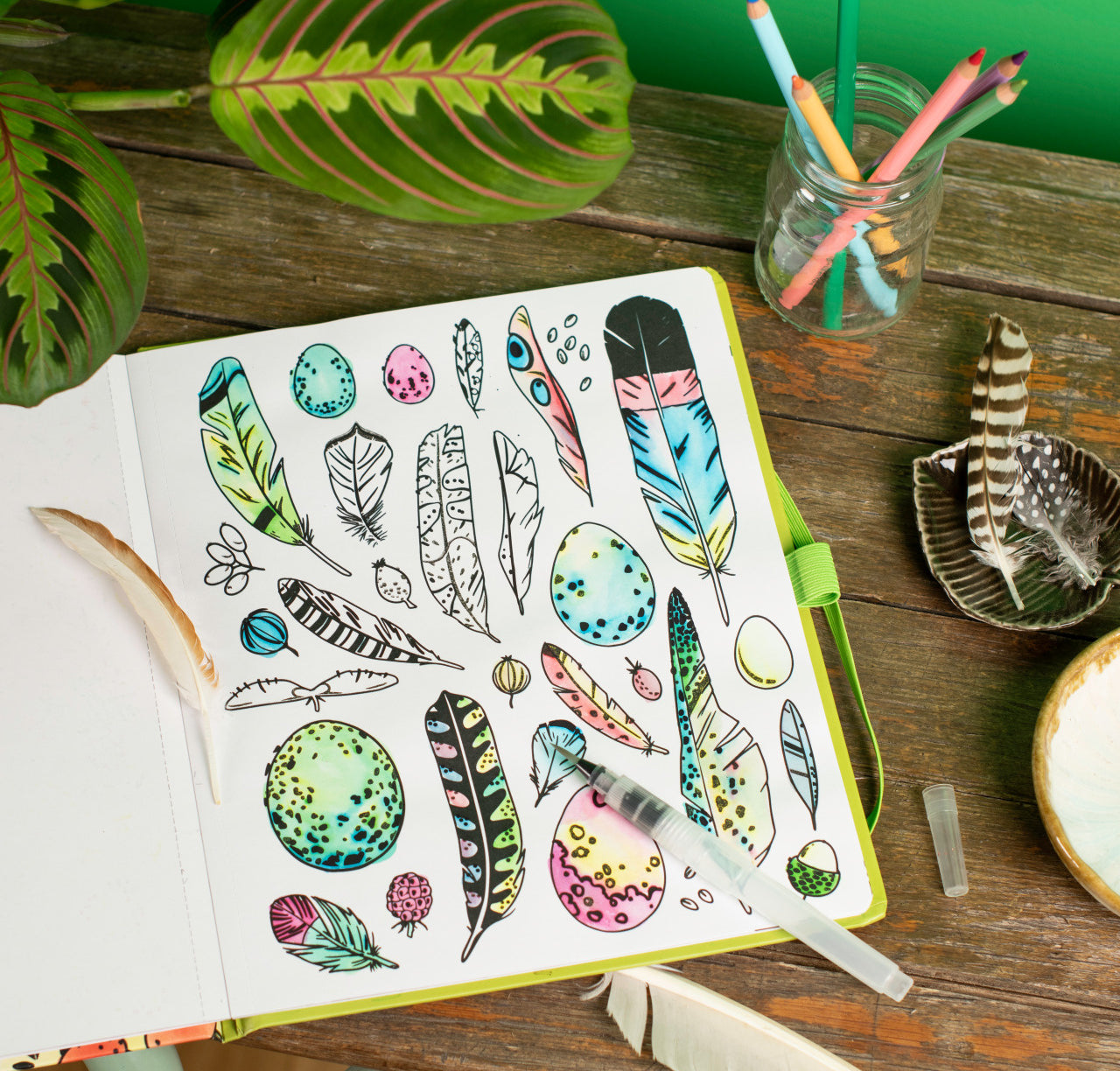Open notebook with feather illustrations on a wooden table with stationery items.