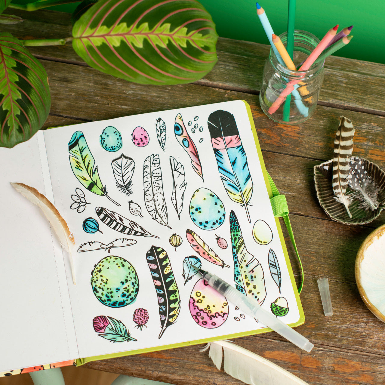 Open notebook with feather illustrations on a wooden table with stationery items.