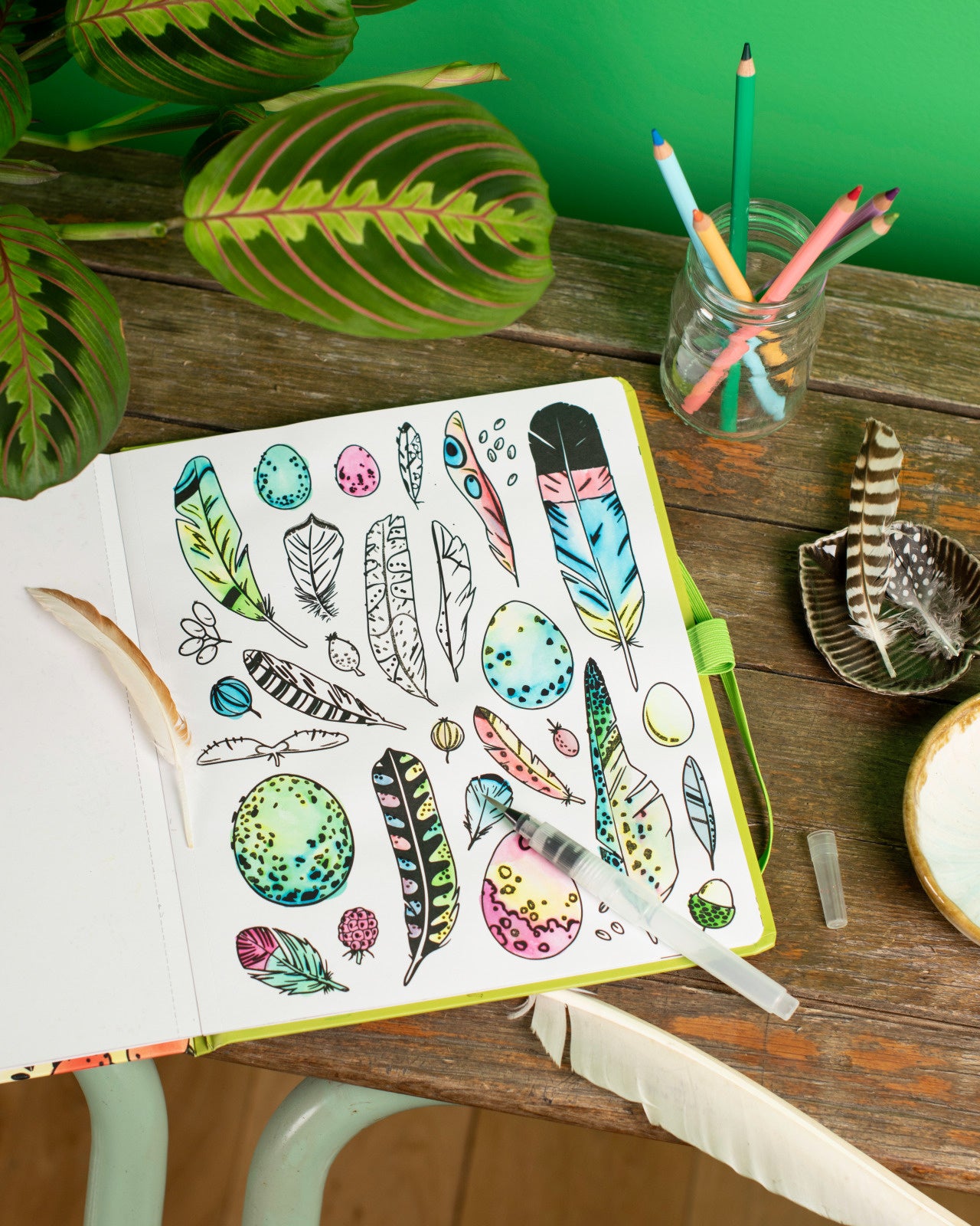 Open notebook with feather illustrations on a wooden table with stationery items.