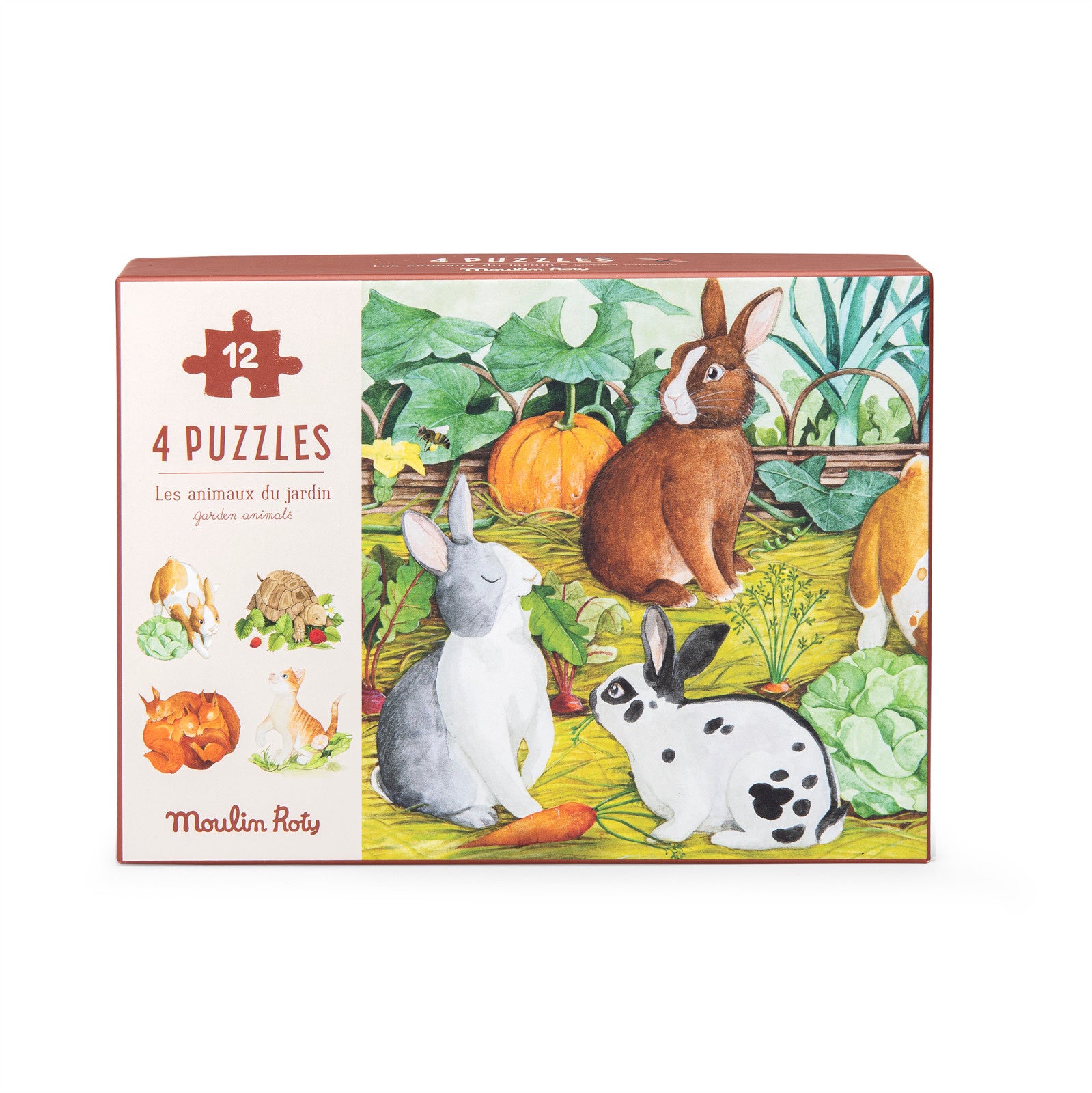 Box of Moulin Roty 4 puzzles with garden-themed illustration featuring rabbits and vegetables.