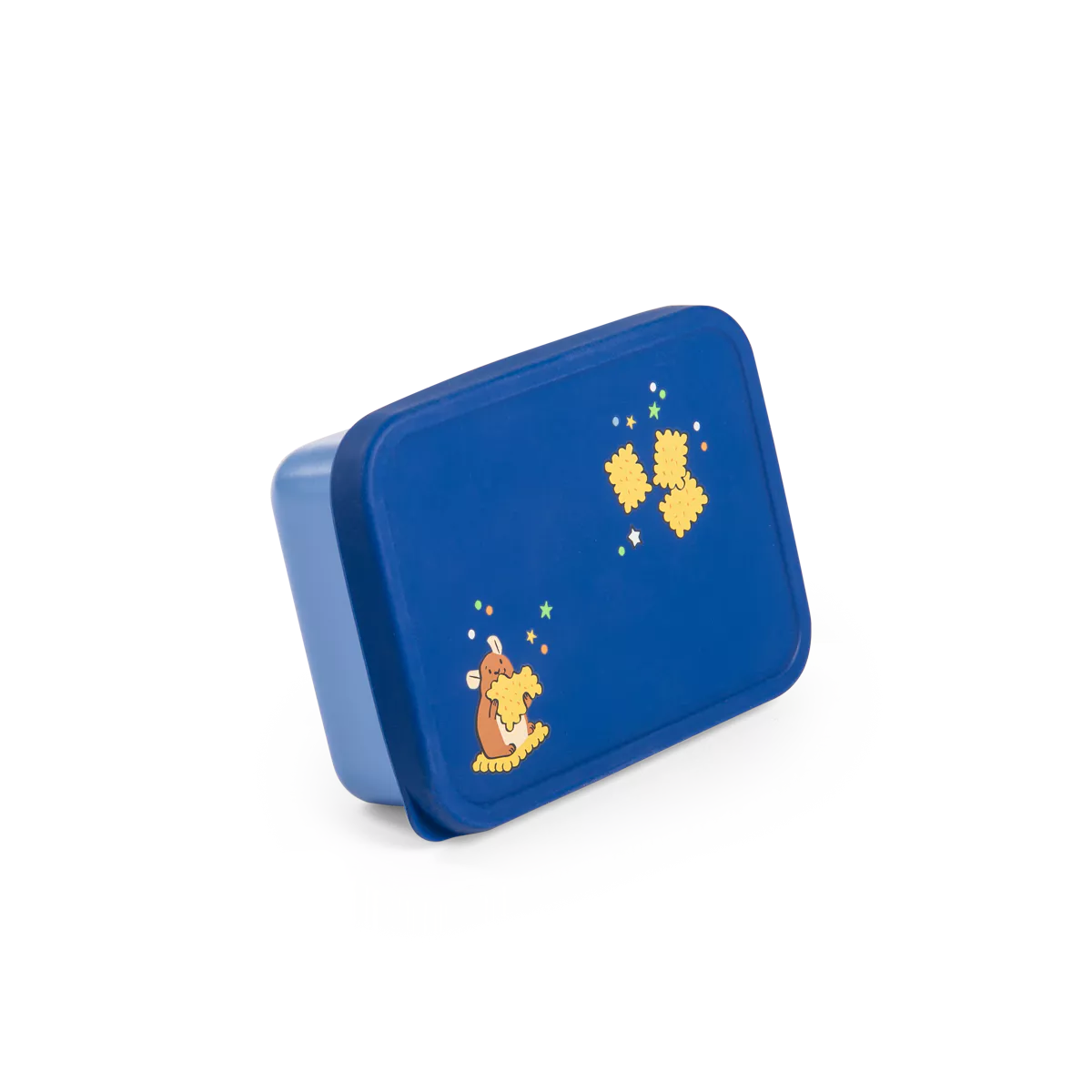 Blue rectangular tin with yellow biscuit prints on a white background