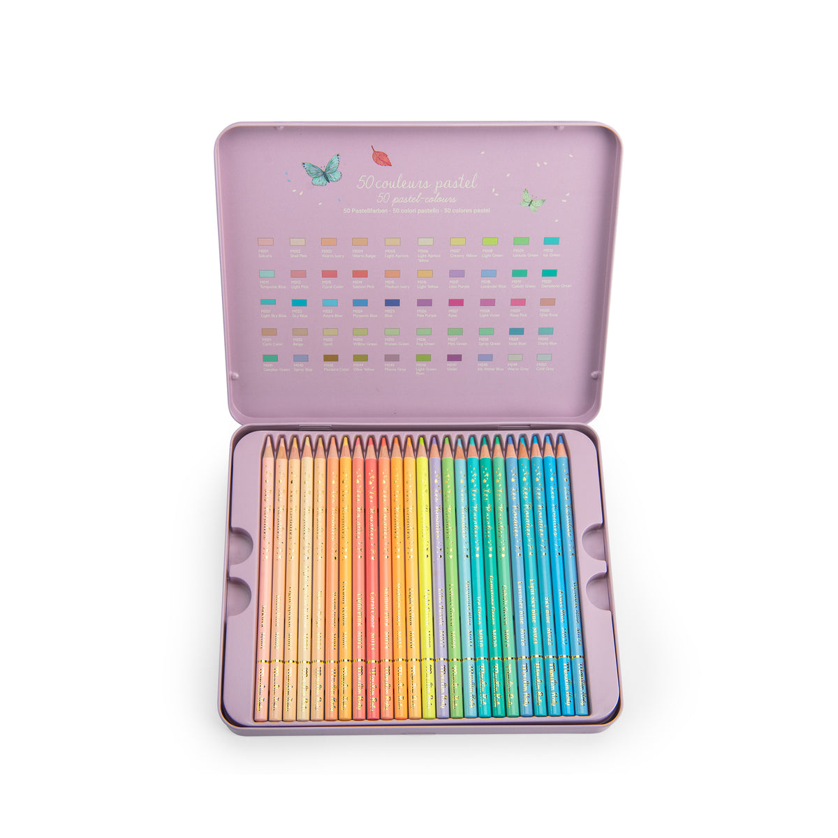 Set of colorful pencils in a purple tin on a white background