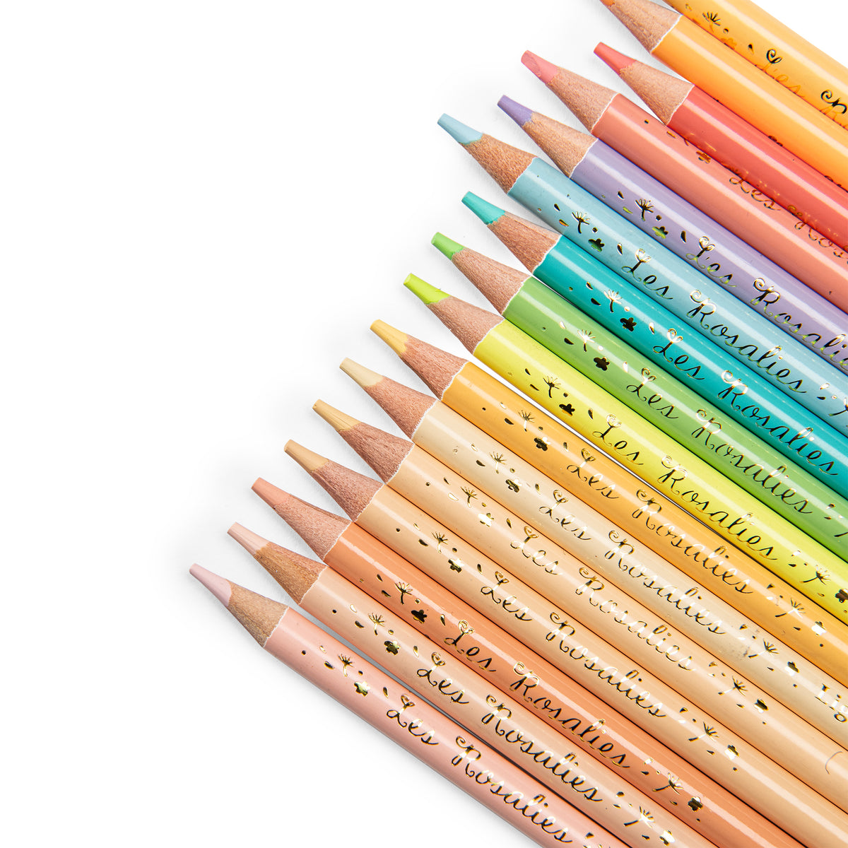 Set of colorful pencils with text on a white background