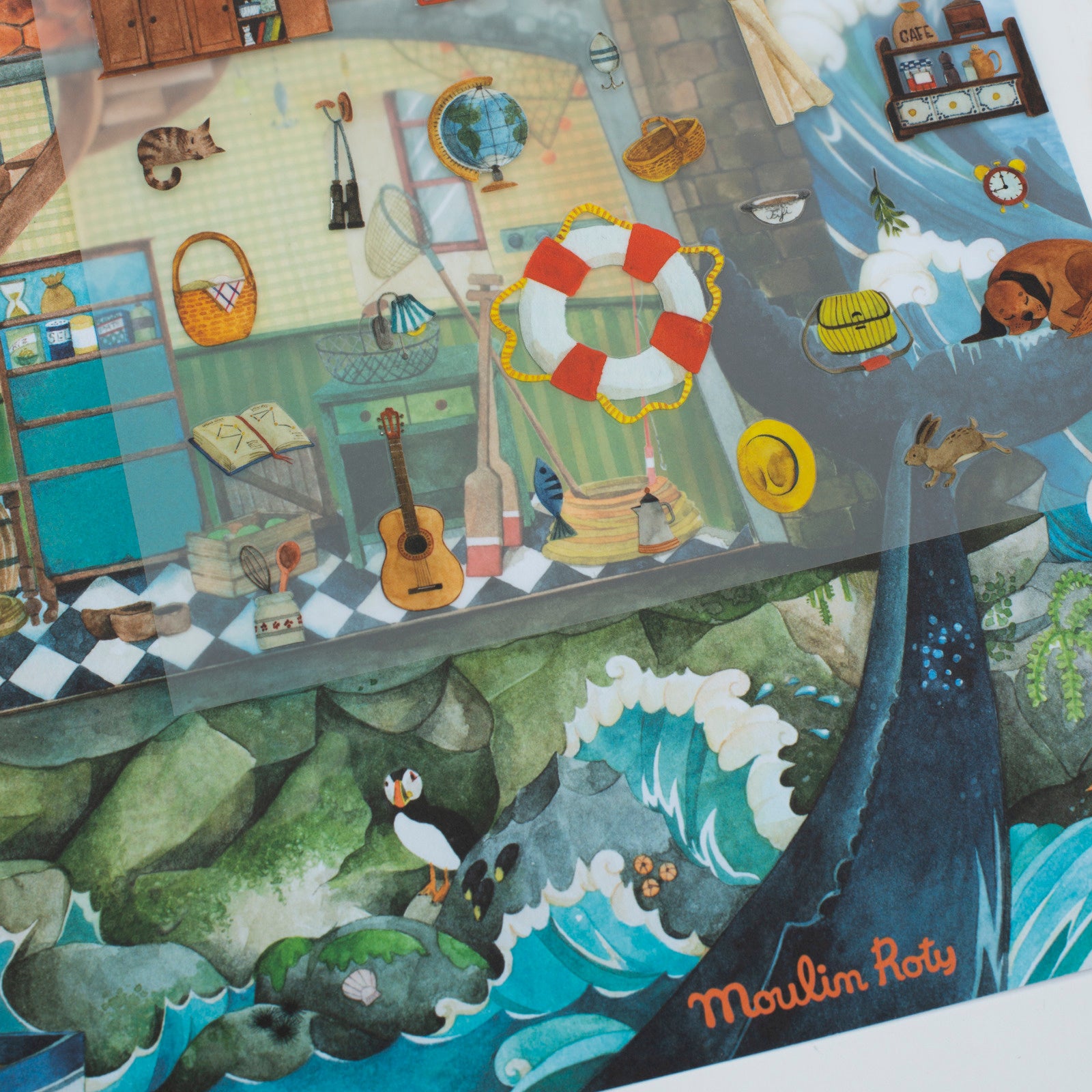 Colorful children's room illustration with furniture, toys, and decor elements.