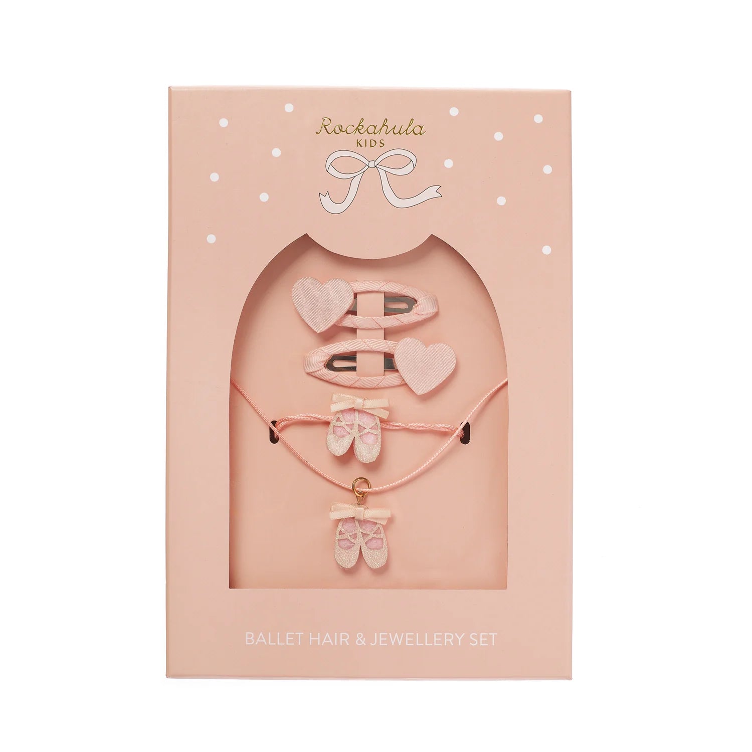 Pink packaging of a ballet-themed hair and jewelry set with 'Rockahula Kids' branding.