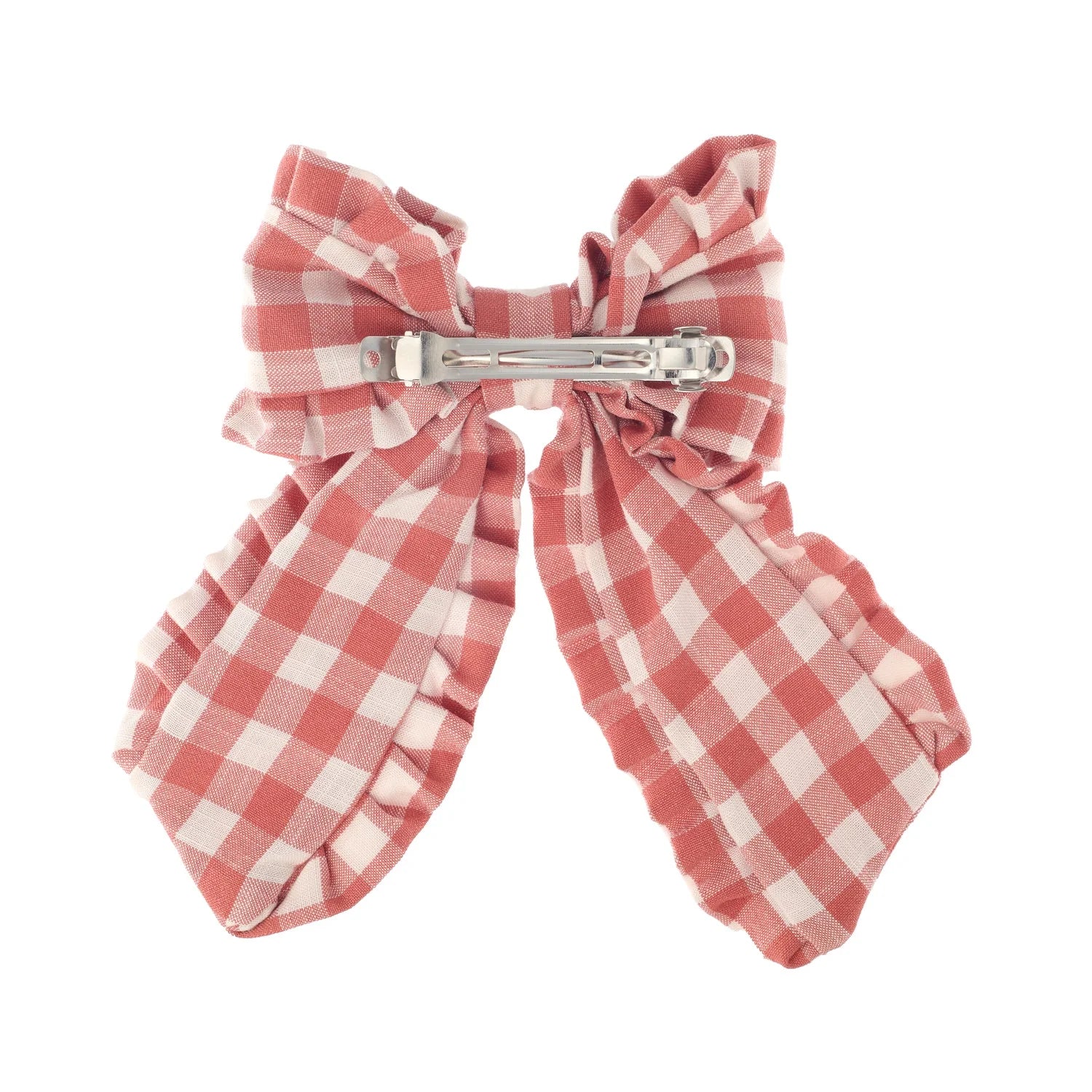 Red and white checkered bow hair clip on a white background