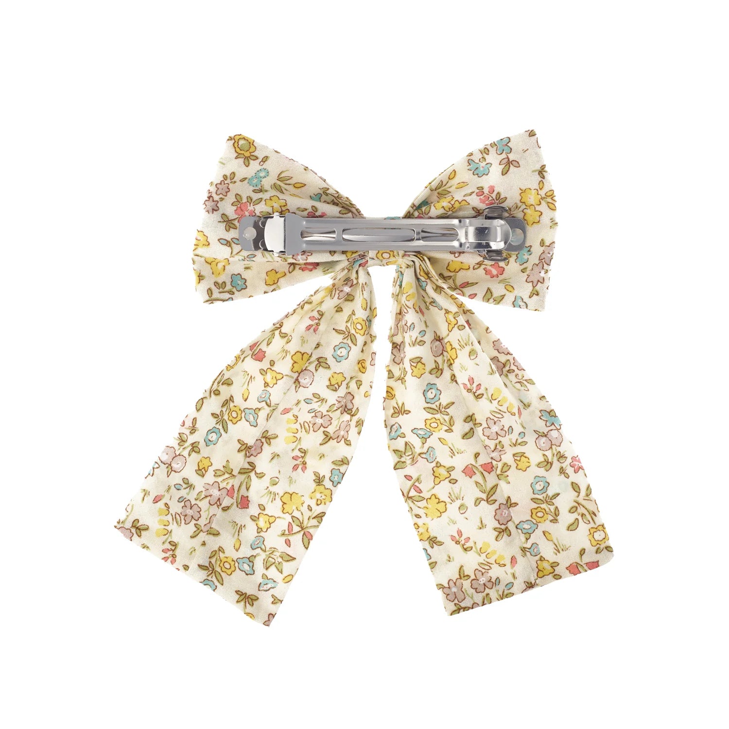 Floral patterned bow hair clip on a white background