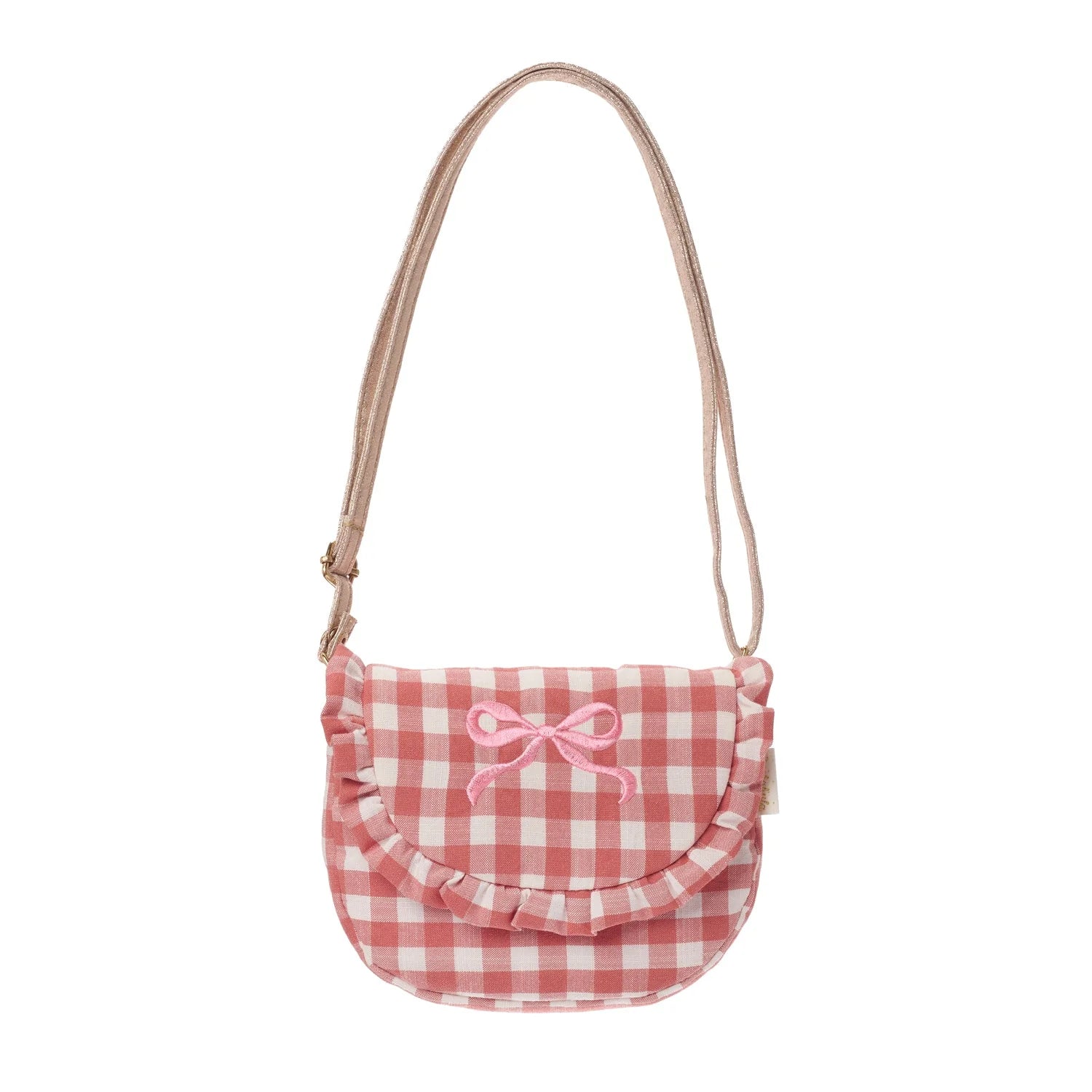 Pink checkered bag with a bow on a white background
