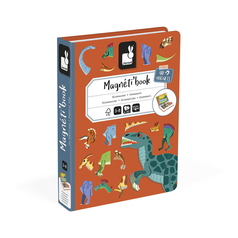Magnet book with dinosaur illustrations on an orange cover