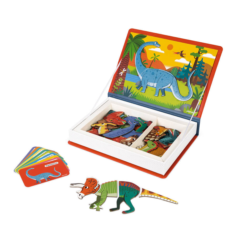 Children's dinosaur puzzle with colorful box and magnetic pieces on a white background
