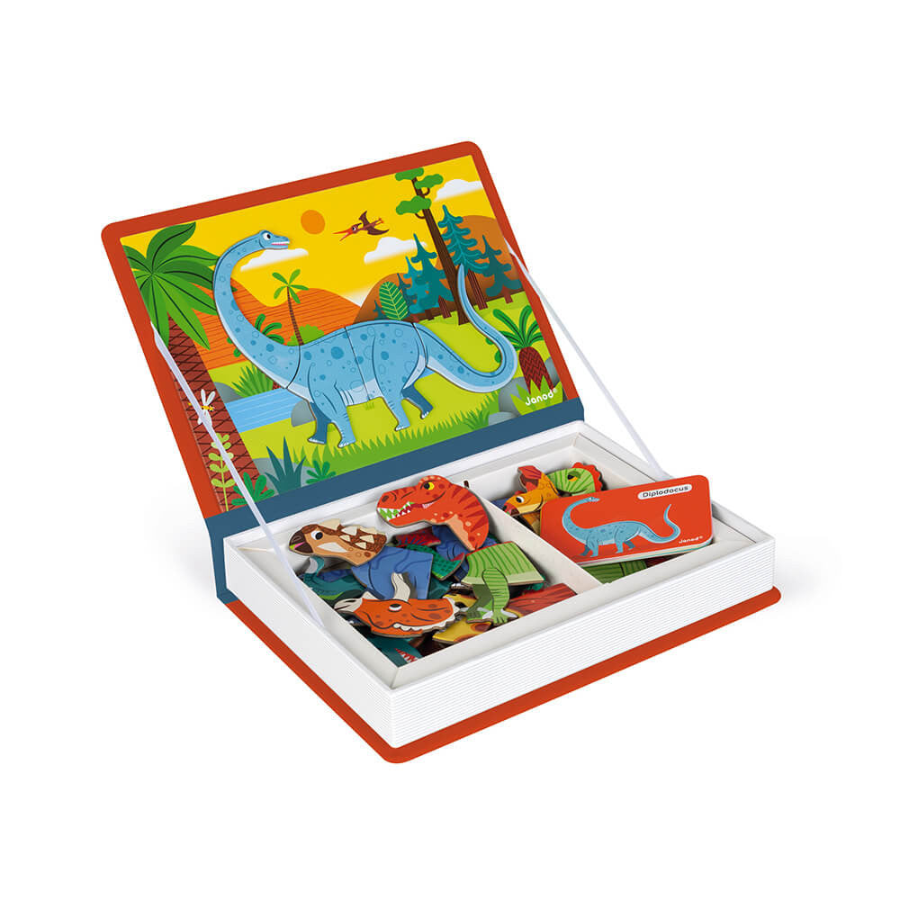 Children's dinosaur puzzle set with colorful box on a white background