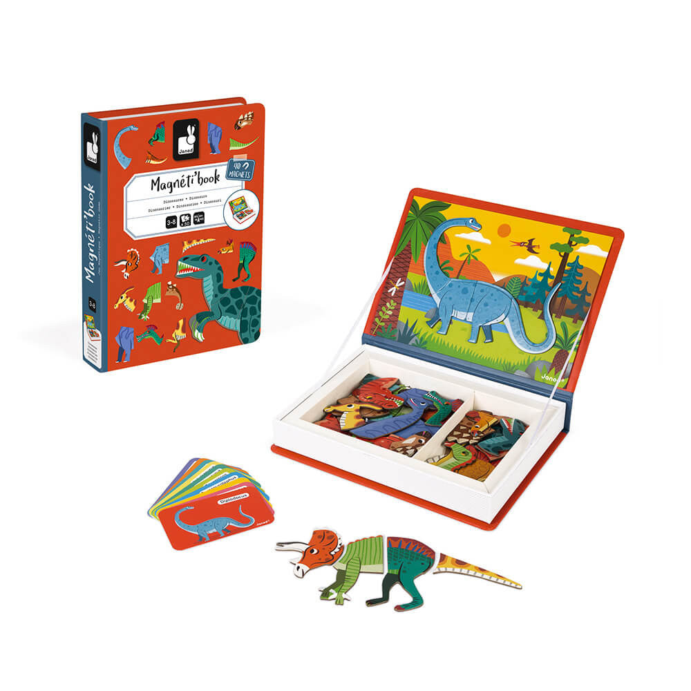 Children's magnetic book with dinosaur illustrations and accessories on a white background