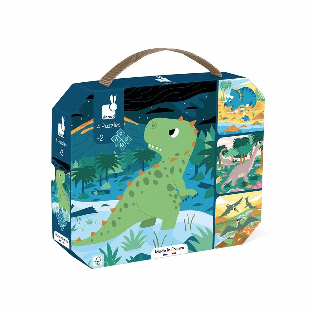 Dinosaur-themed puzzle box with illustrations of dinosaurs on a white background
