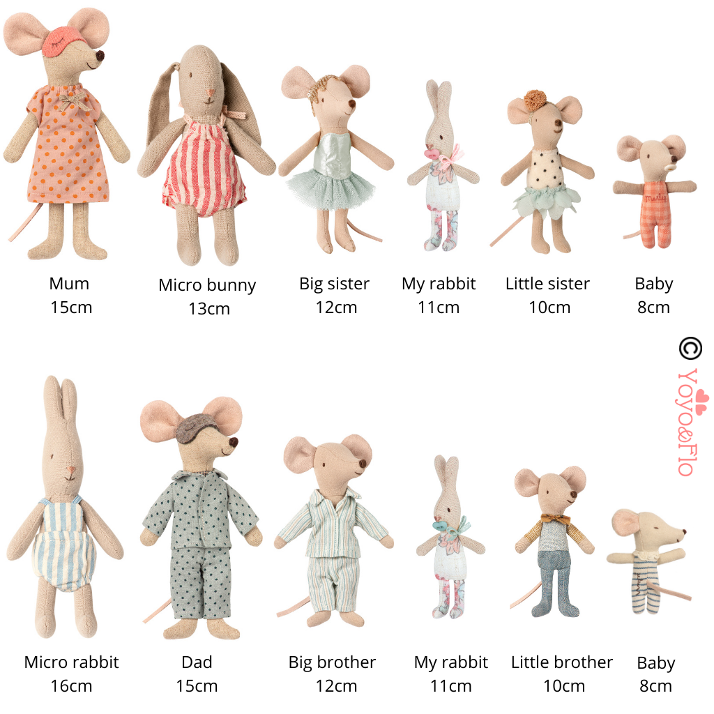 Maileg mouse, bunny and rabbit size guide