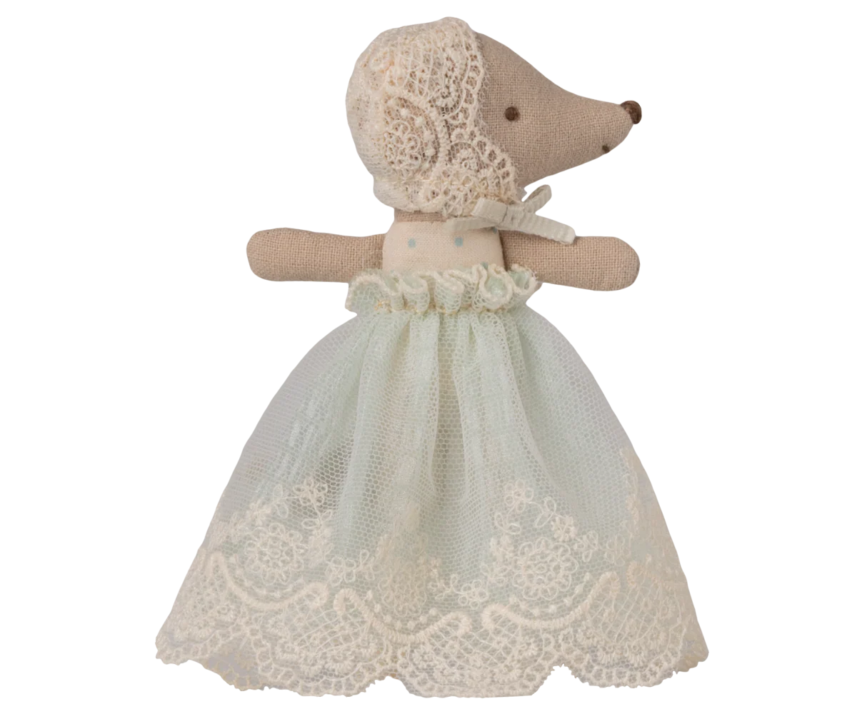 maileg baby mouse dressed in a lace dress on a white background