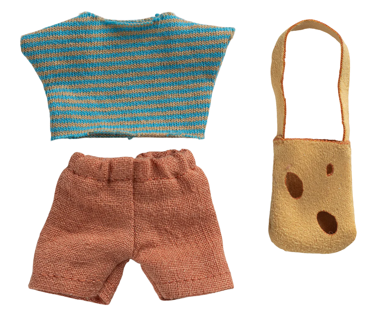 Knitted blue and orange top, brown shorts, and a brown bag with spots on a white background