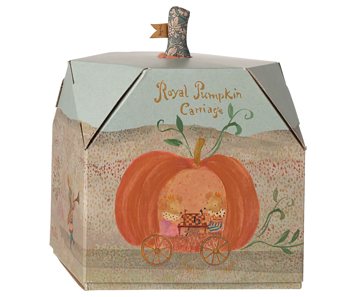 Pumpkin-shaped box with a carriage design and 'Royal Pumpkin Carriage' text on a white background