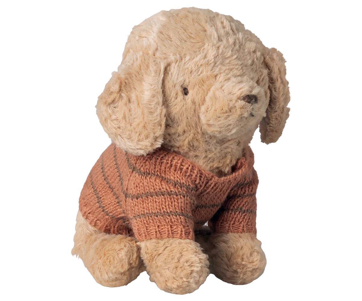 Stuffed dog toy wearing a knitted sweater on a white background