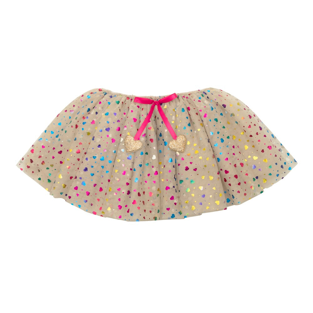 Tutu skirt with colorful hearts dots and a pink ribbon on a white background