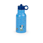 Blue water bottle with a colorful design on a white background