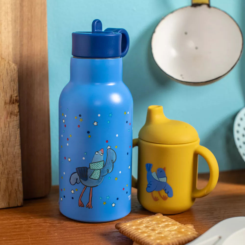 Blue water bottle with bird design and yellow sippy cup on a wooden surface.