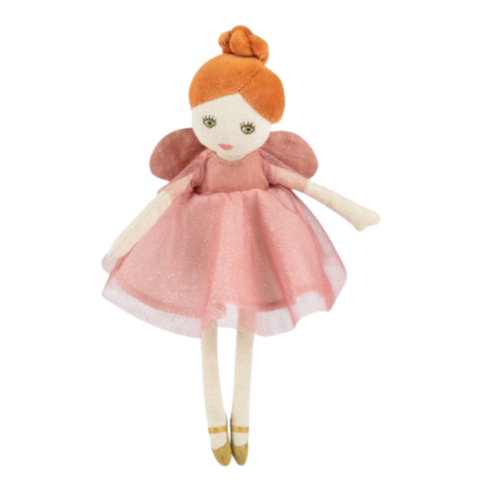 Stuffed doll with red hair and a pink dress on a white background