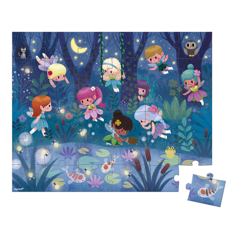 Children's puzzle with fairies in a forest design on a blue background