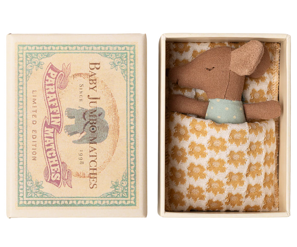 Maileg miniature stuffed mouse toy in a decorative matchbox packaging with a vintage design.