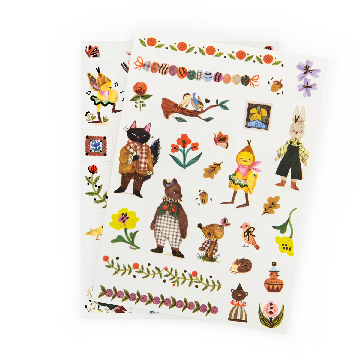 Sheet of illustrated animal tattoos with decorative elements on a white background